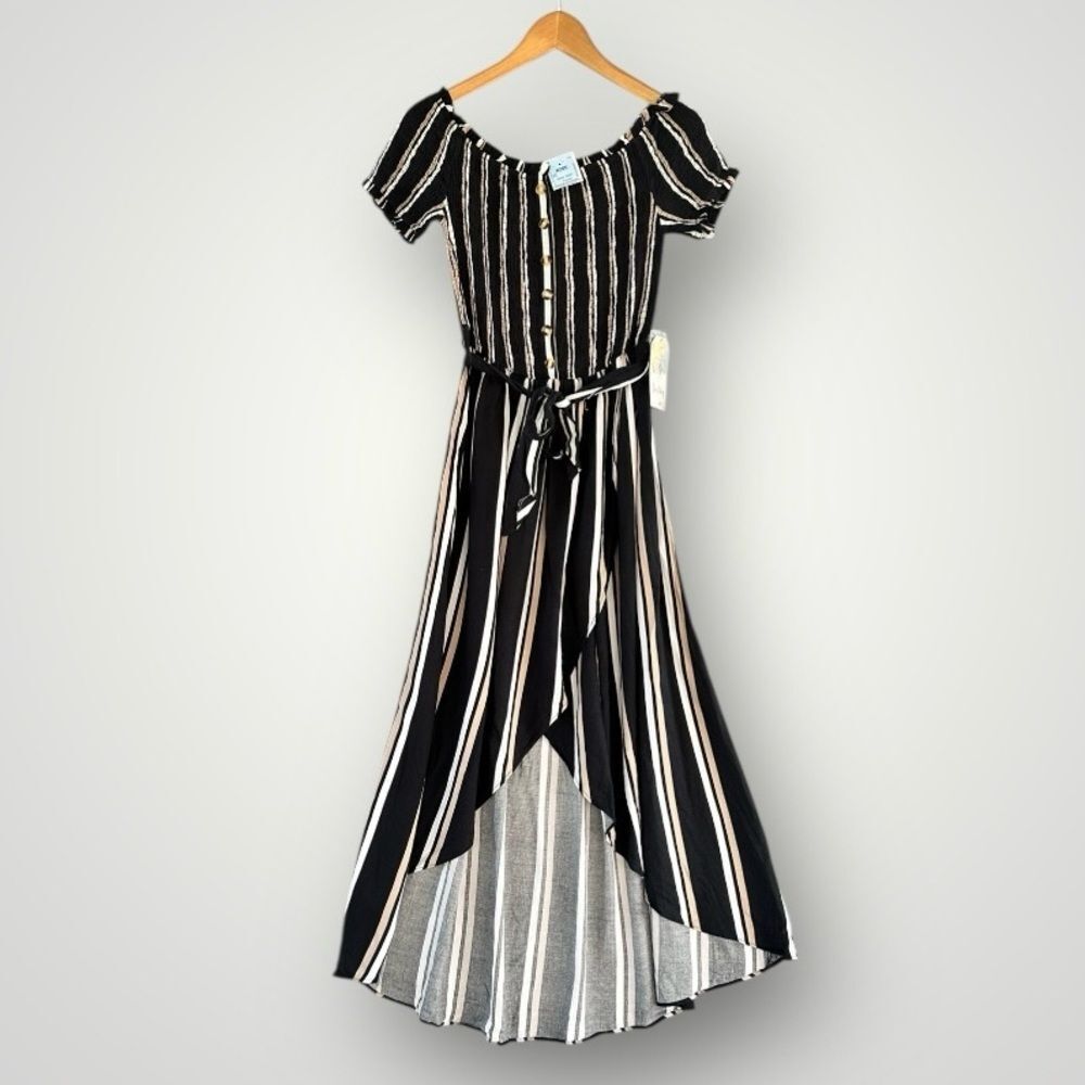 Black & Cream Striped Tie-Waist Maxi Dress